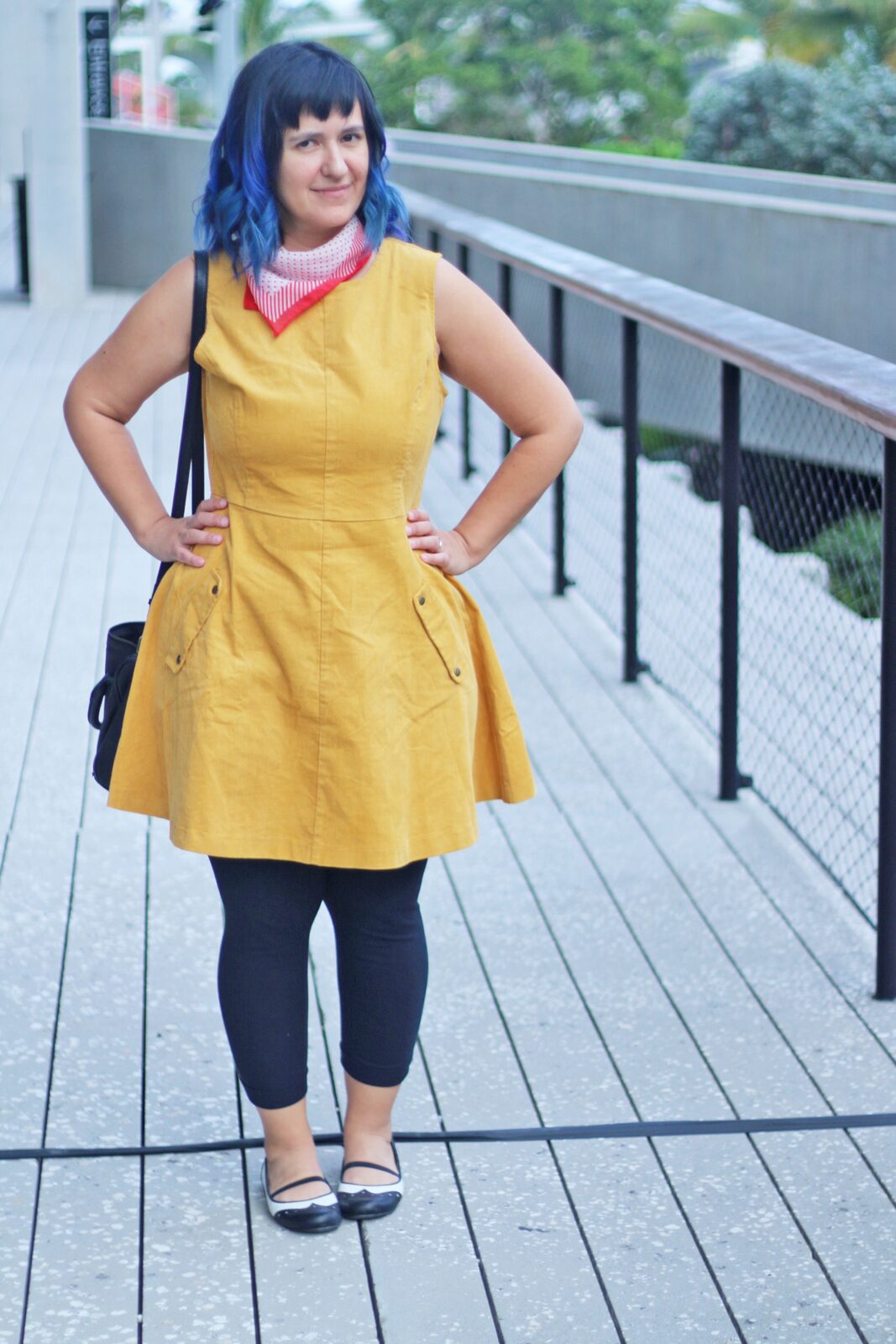 Mustard corduroy dress with red neck scarf and blue hair - Dapper Animals