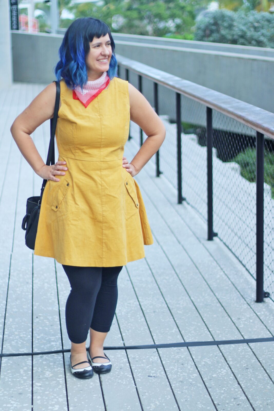 Mustard corduroy dress with red neck scarf and blue hair - Dapper Animals