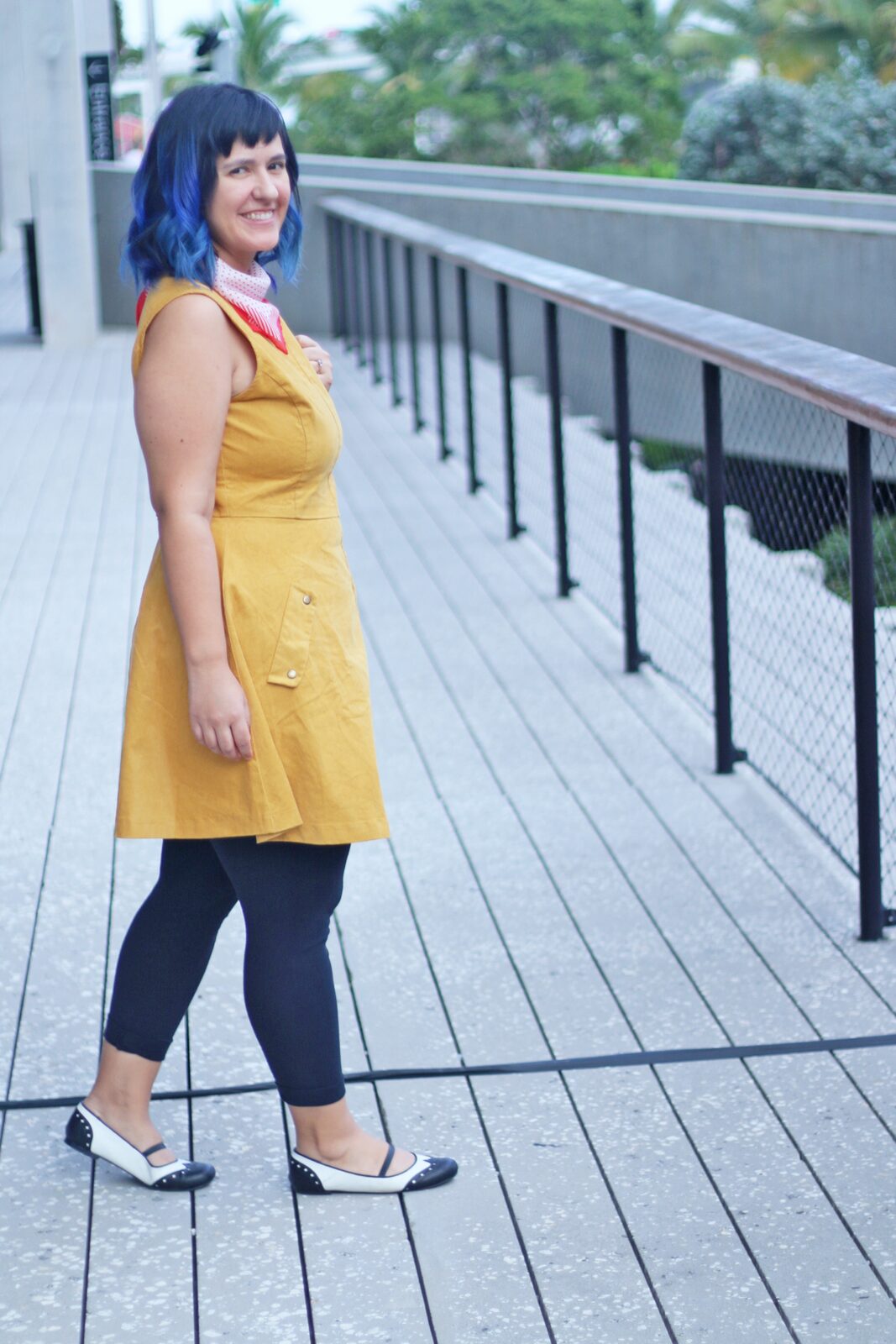 Mustard corduroy dress with red neck scarf and blue hair - Dapper Animals