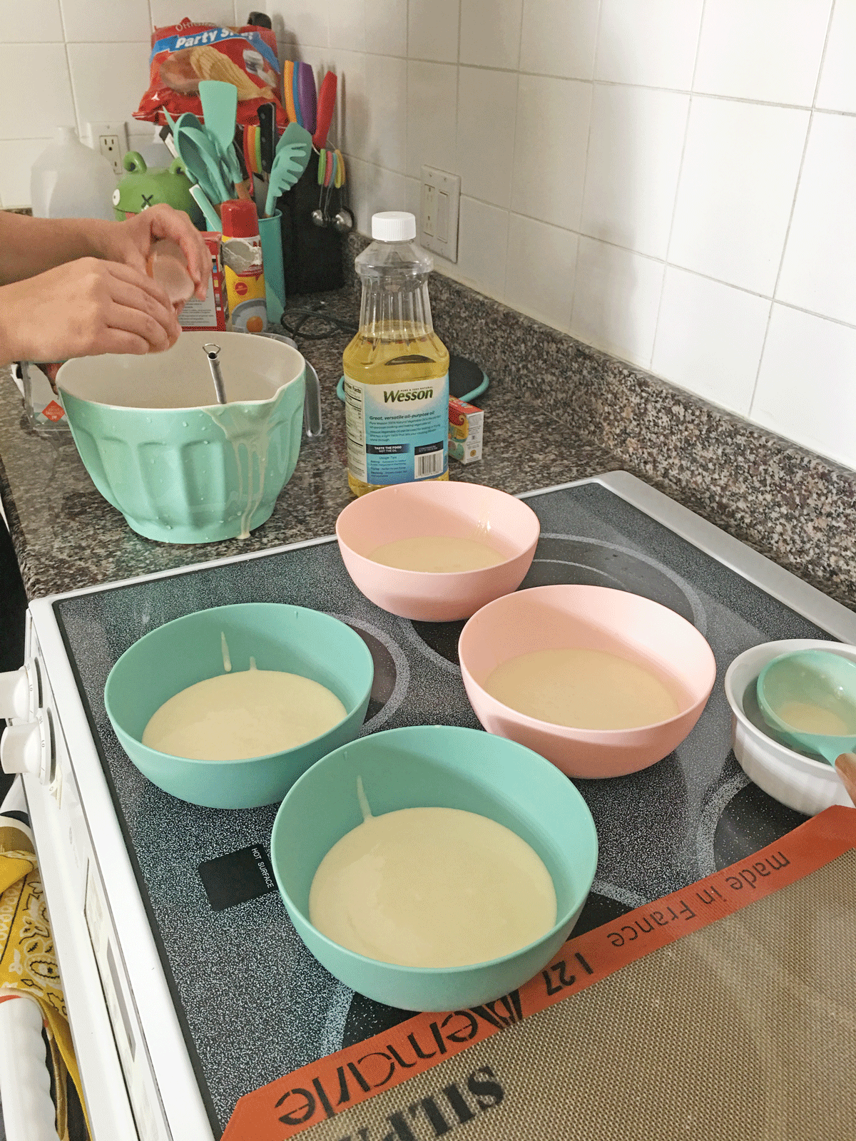 How To Make Rainbow Belgian Waffles. Separate batter into 5 bowls