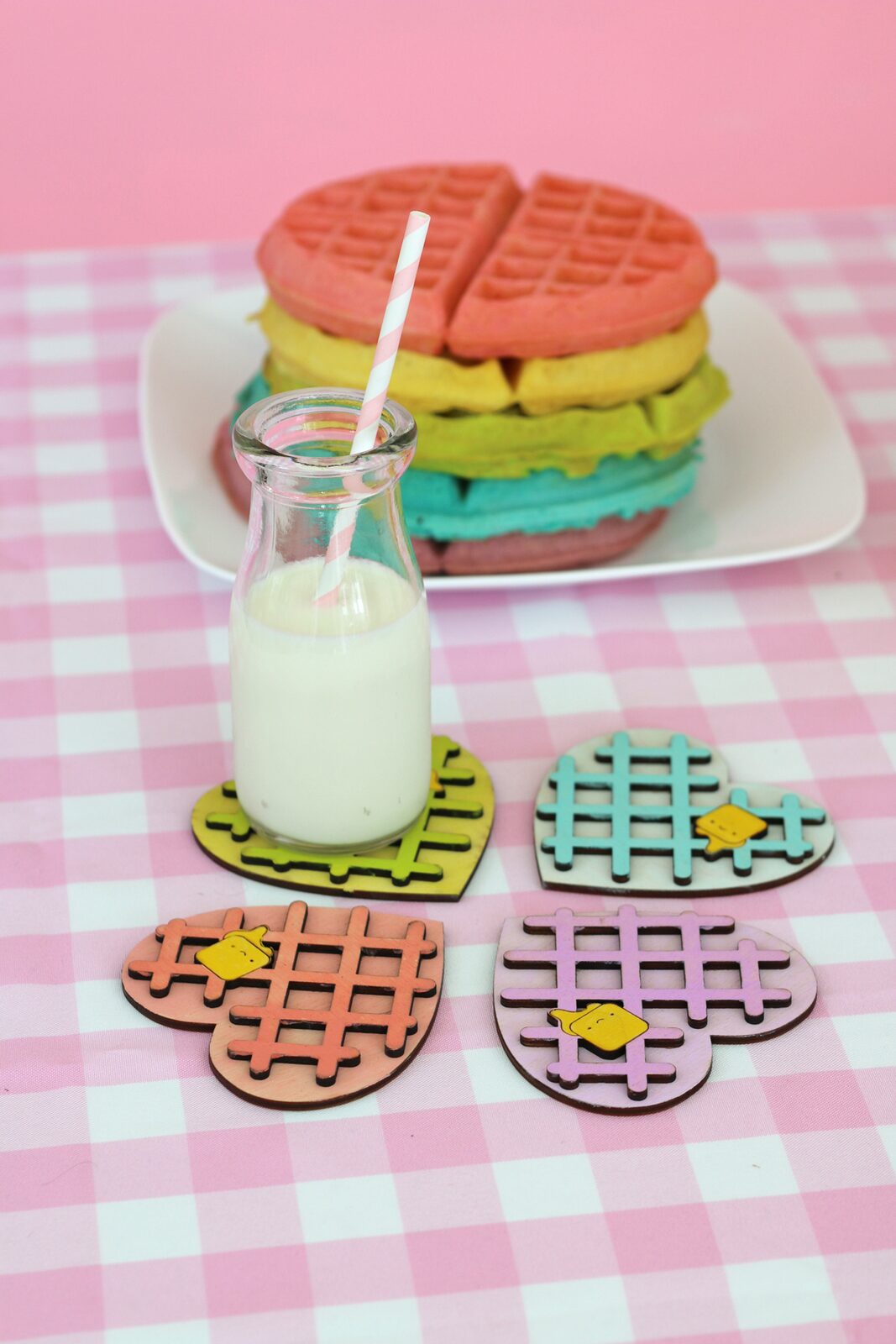 Kawaii Heart Shaped waffle coaster set with rainbow waffle stack. So cute
