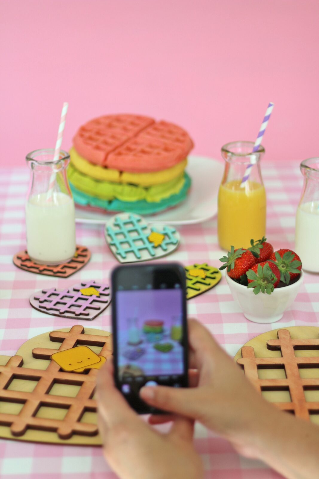 Kawaii Heart Shaped waffle trivet and coaster with rainbow waffle stack. So cute