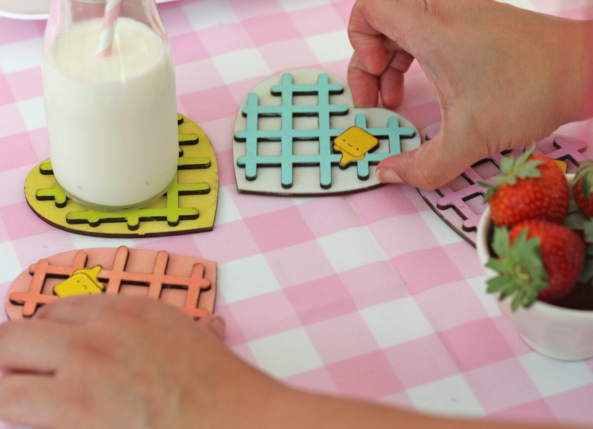Kawaii Heart Shaped waffle coaster set with rainbow waffle stack. So cute