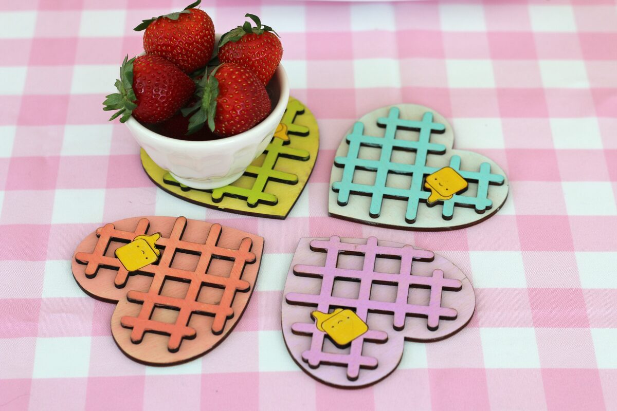 Kawaii Heart Shaped waffle coaster set with rainbow waffle stack. So cute