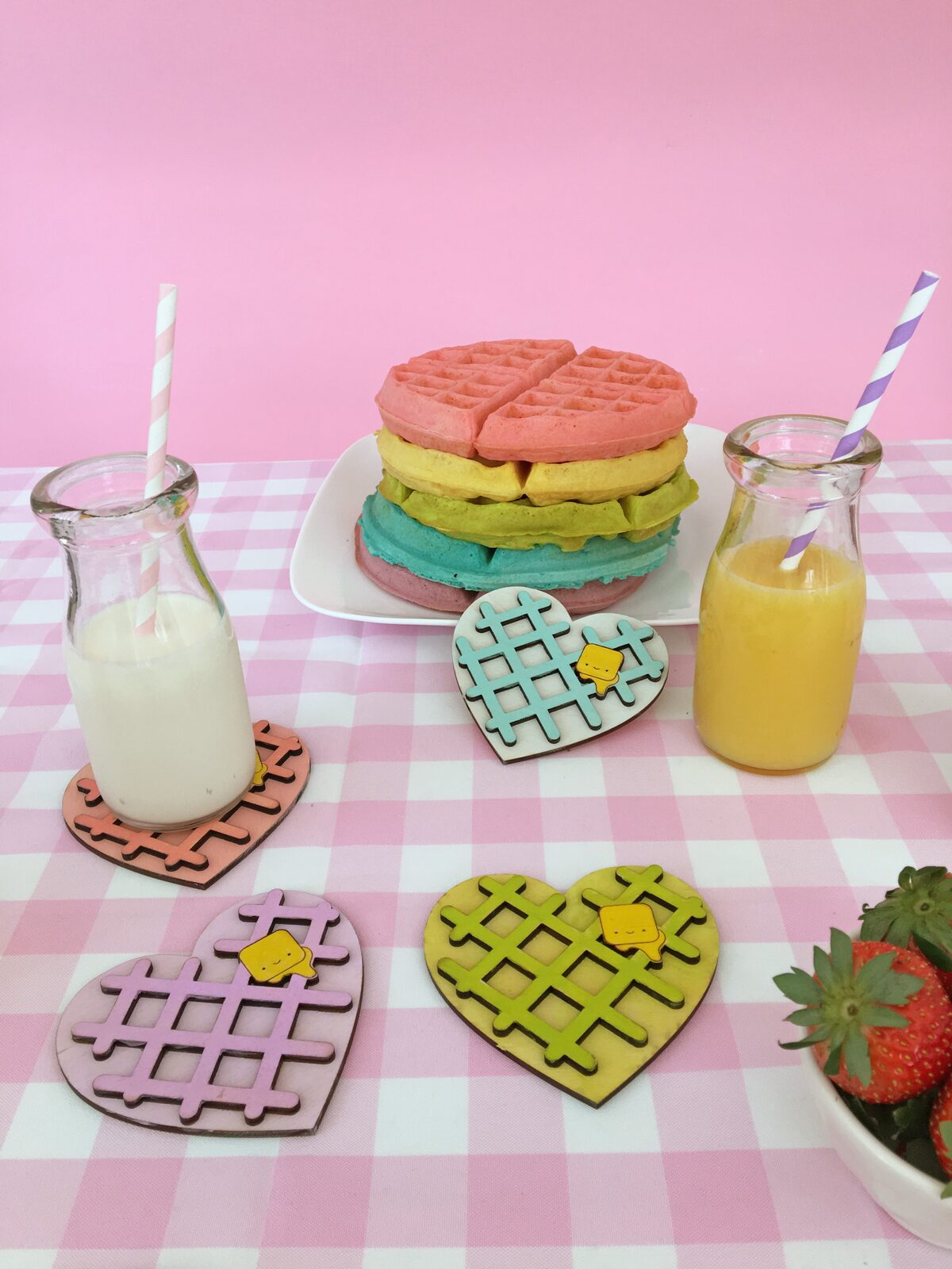 Kawaii Heart Shaped waffle coaster set with rainbow waffle stack. So cute