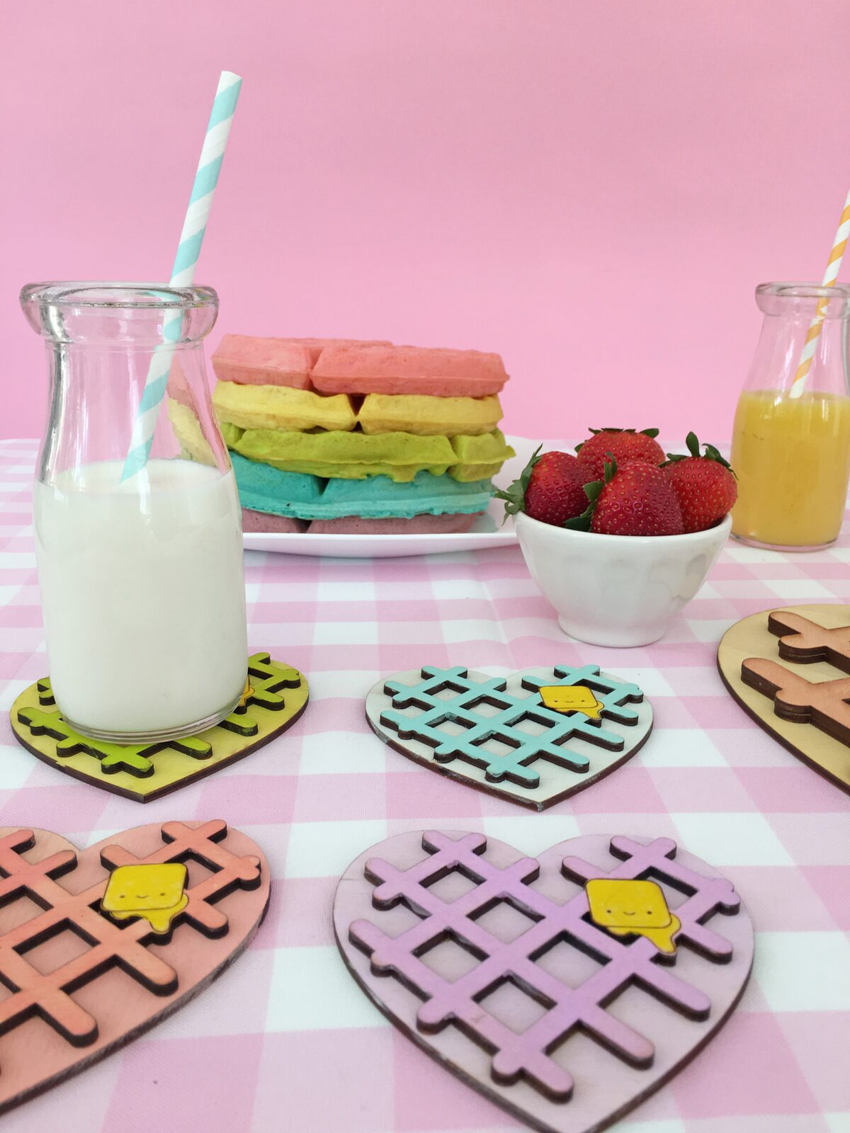 Kawaii Heart Shaped waffle coaster set with rainbow waffle stack. So cute