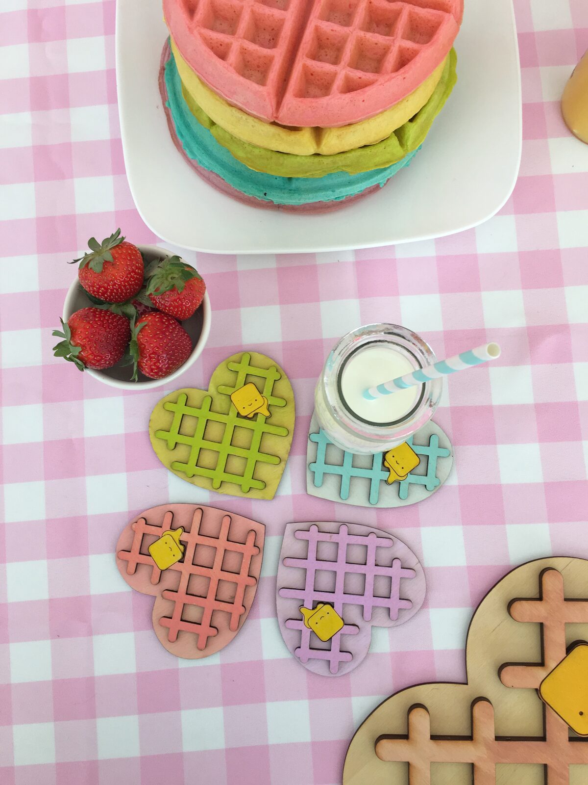 Kawaii Heart Shaped waffle coaster set with rainbow waffle stack. So cute