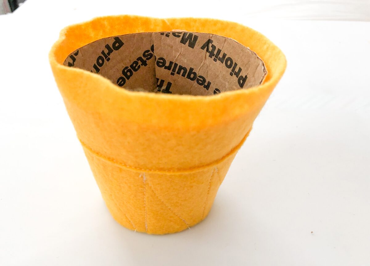 Felt Ice Cream Pin Cushion Tutorial attach ice cream cone felt to cardboard cup